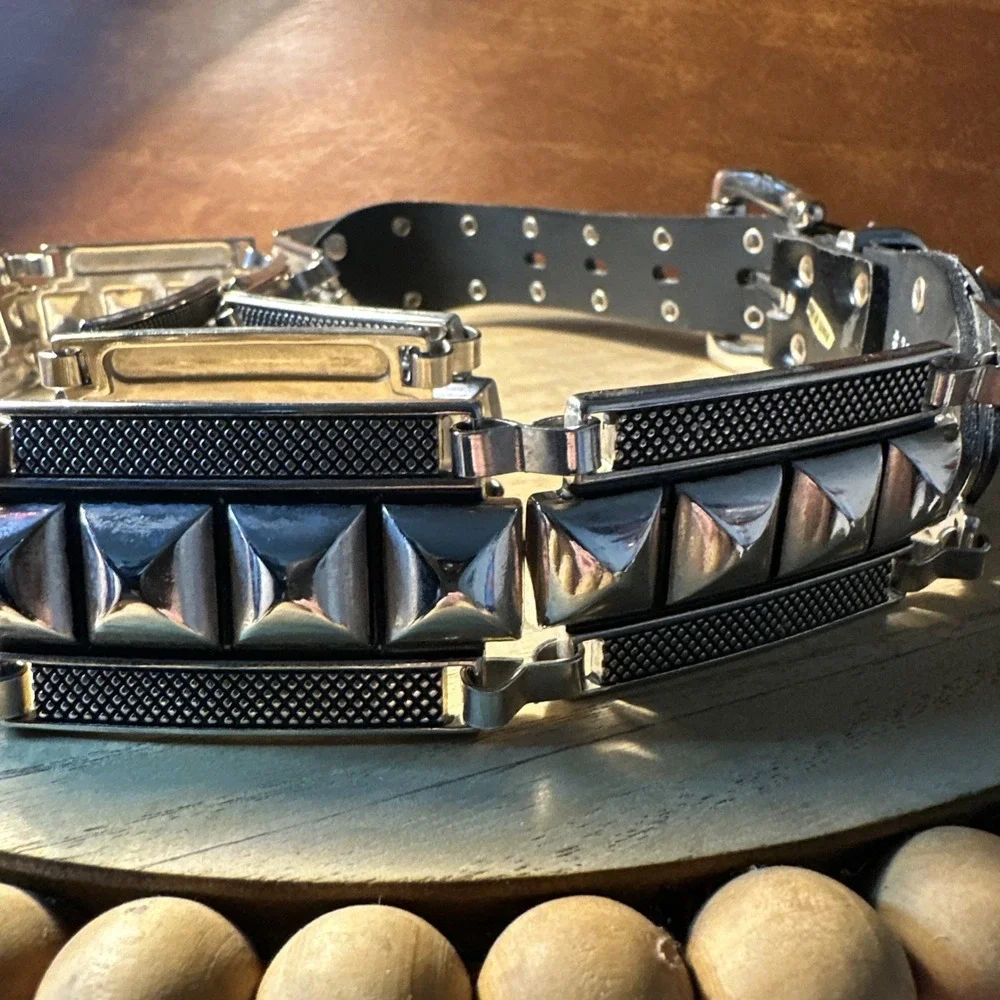 Vintage Stainless Steel & Leather Heavy Metal Leather Punk Goth Belt And Buckle